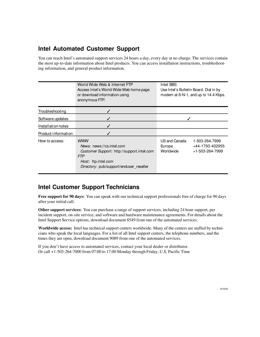 Intel 10/100 World Wide Web & Internet FTP Intel BBS, Troubleshooting Software updates Installation notes, How to access 