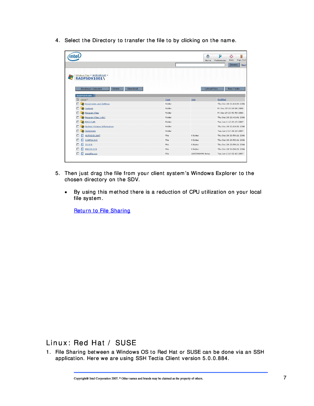 Intel 120000 manual Linux Red Hat / SUSE, Return to File Sharing 