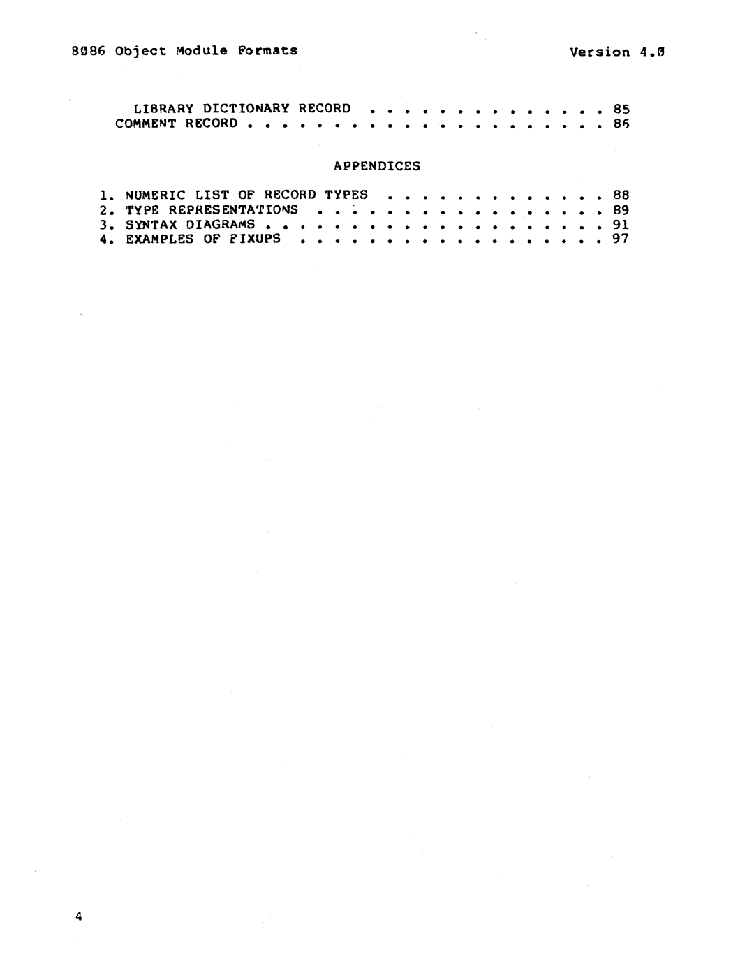 Intel 121748-001 manual Library Dictionary Record Comment Record, Appendices Numeric List of Record Types 