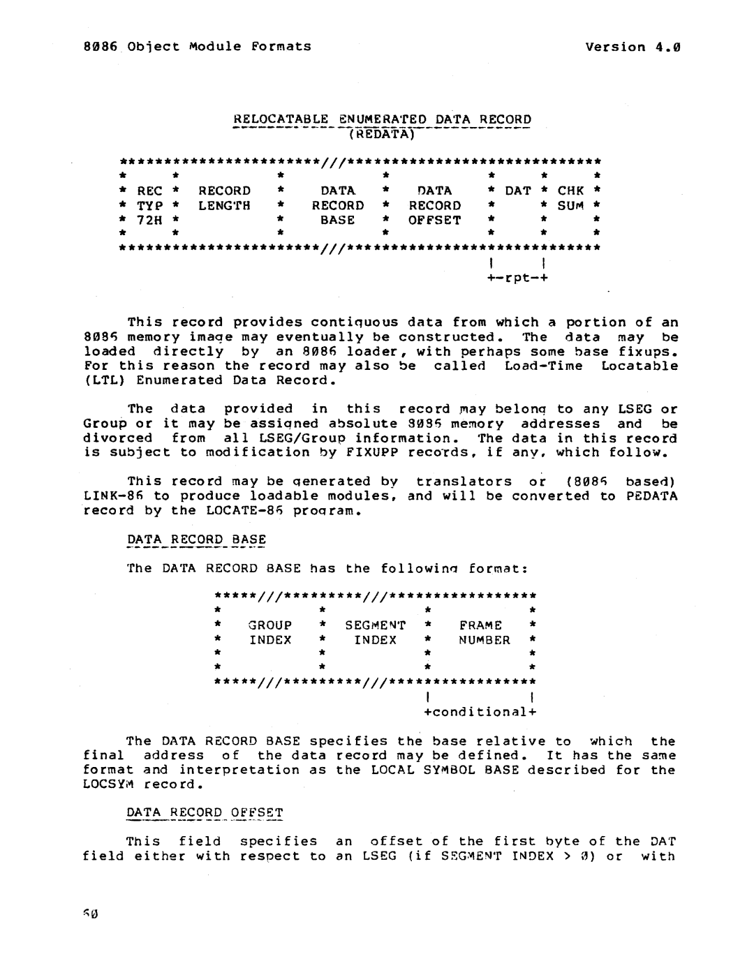 Intel 121748-001 manual Relocatable Enumerated Data Record, Oat * Chk Ty P, Data Record Base, Data Record Offset 