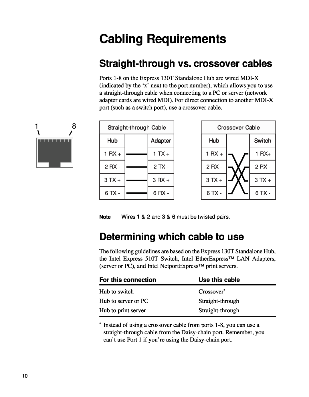 Intel 130T Cabling Requirements, Straight-through vs. crossover cables, Determining which cable to use, Use this cable 