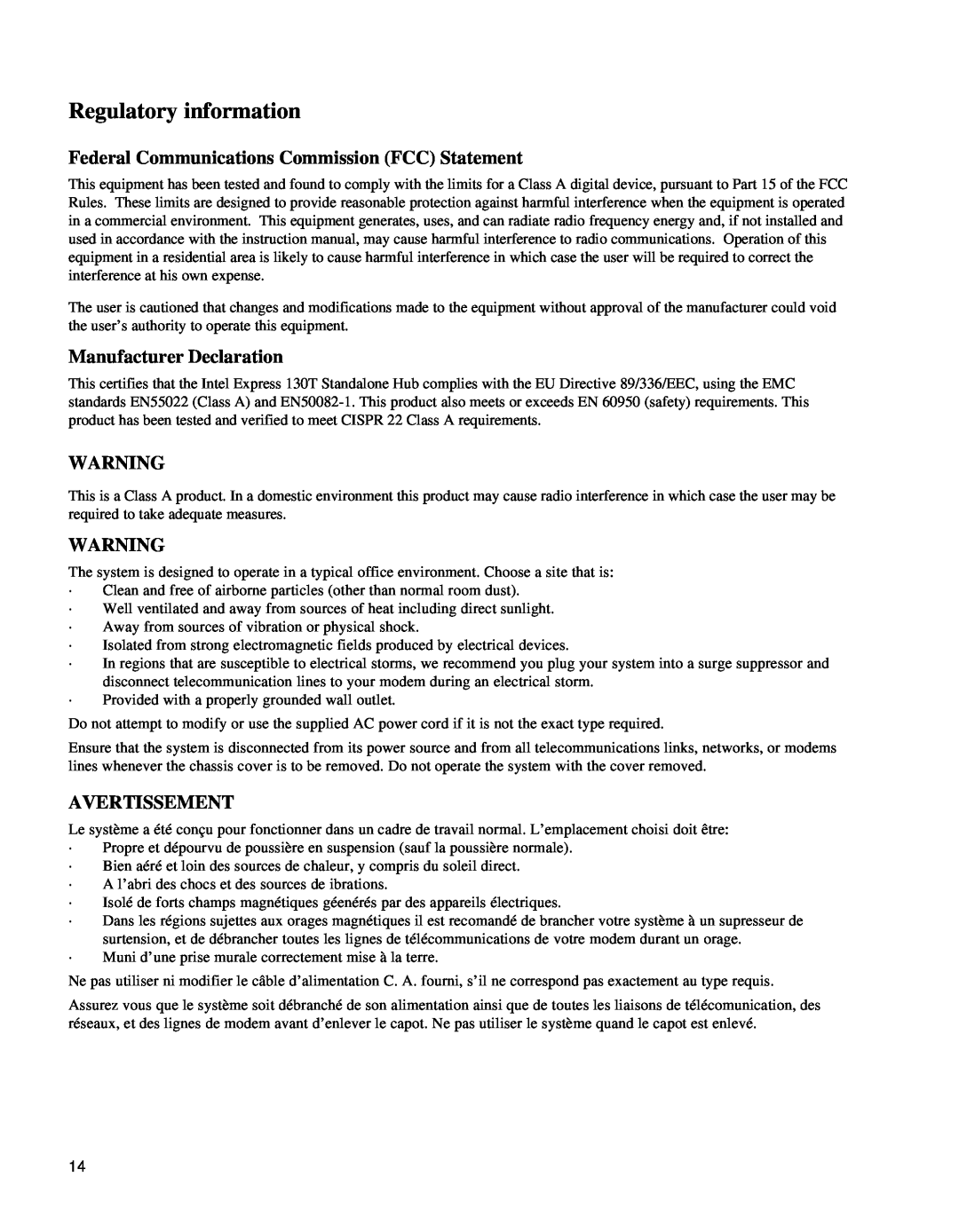 Intel 130T manual Regulatory information, Federal Communications Commission FCC Statement, Manufacturer Declaration 