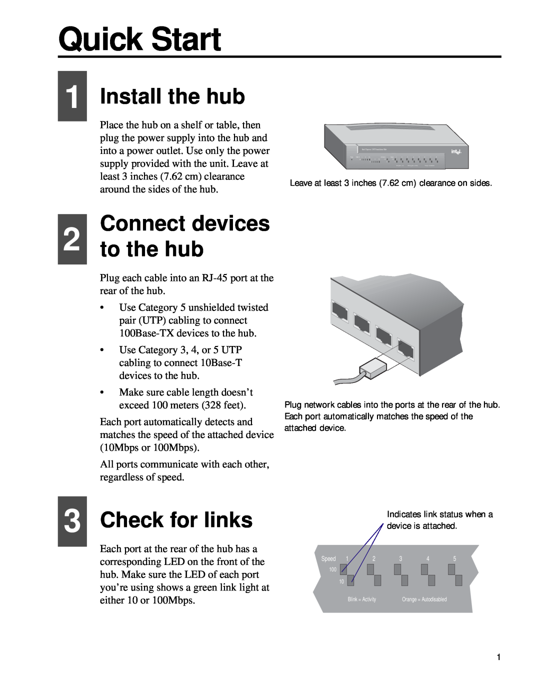 Intel 130T manual Install the hub, Connect devices 2 to the hub, Check for links, Quick Start 