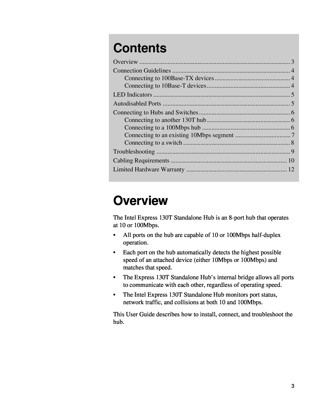 Intel 130T manual Contents, Overview 