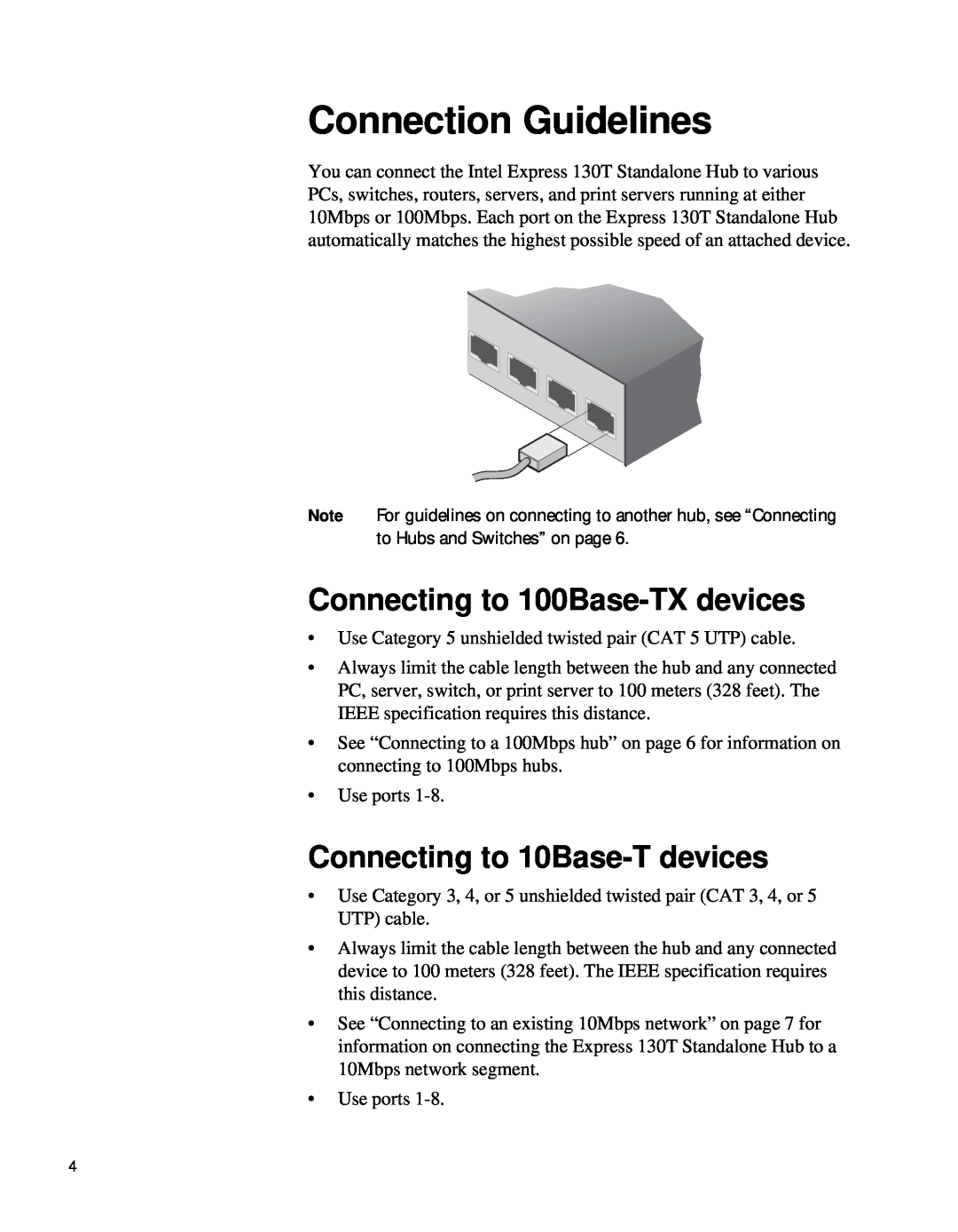Intel 130T manual Connection Guidelines, Connecting to 100Base-TX devices, Connecting to 10Base-T devices 