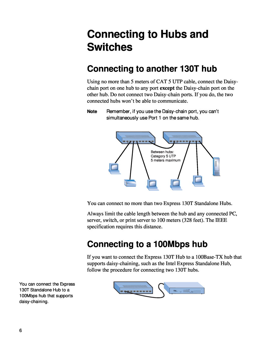 Intel manual Connecting to Hubs and Switches, Connecting to another 130T hub, Connecting to a 100Mbps hub 