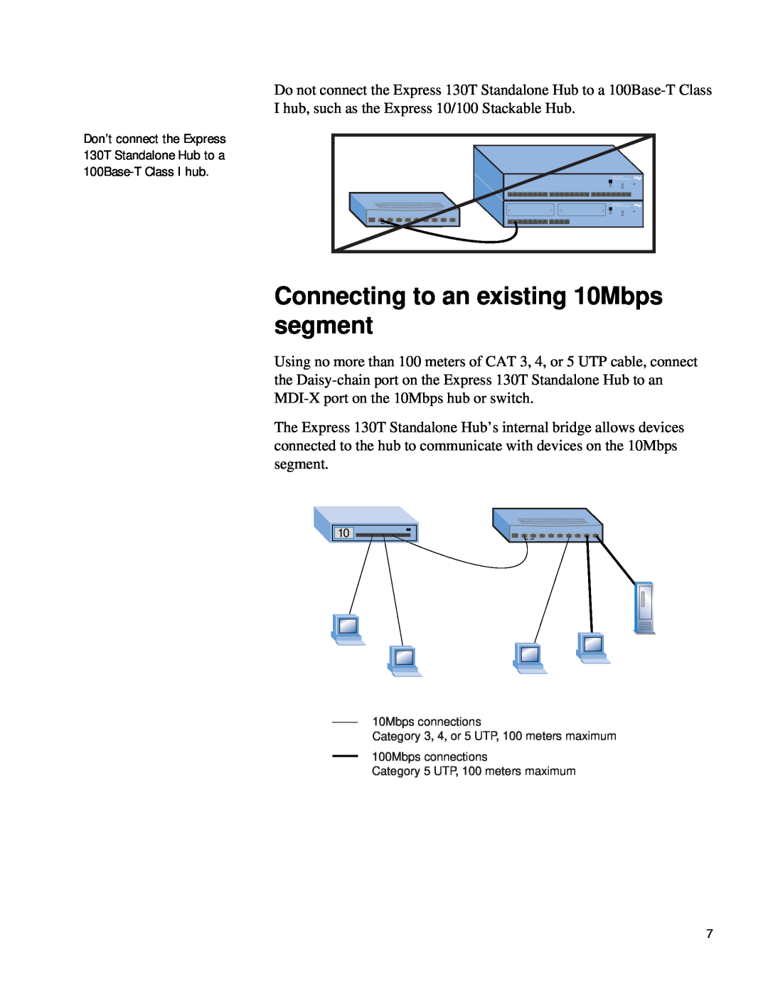 Intel 130T manual Connecting to an existing 10Mbps segment, 10Mbps connections Category 3, 4, or 5 UTP, 100 meters maximum 