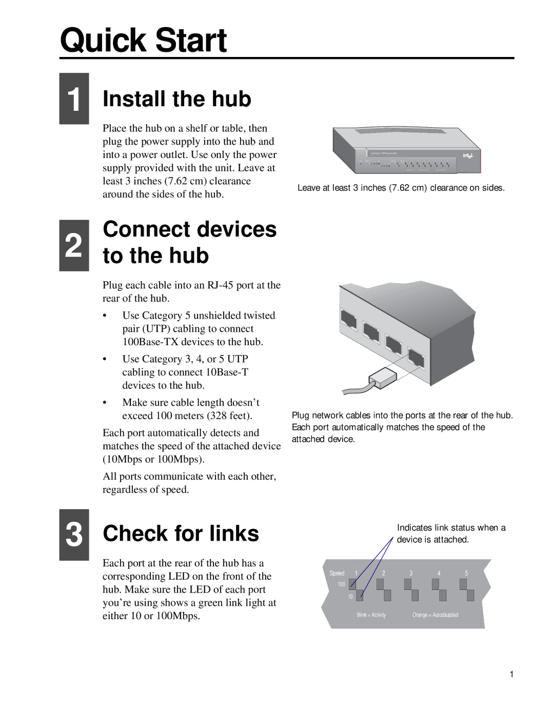 Intel 130T manual Install the hub, Connect devices To the hub, Check for links 