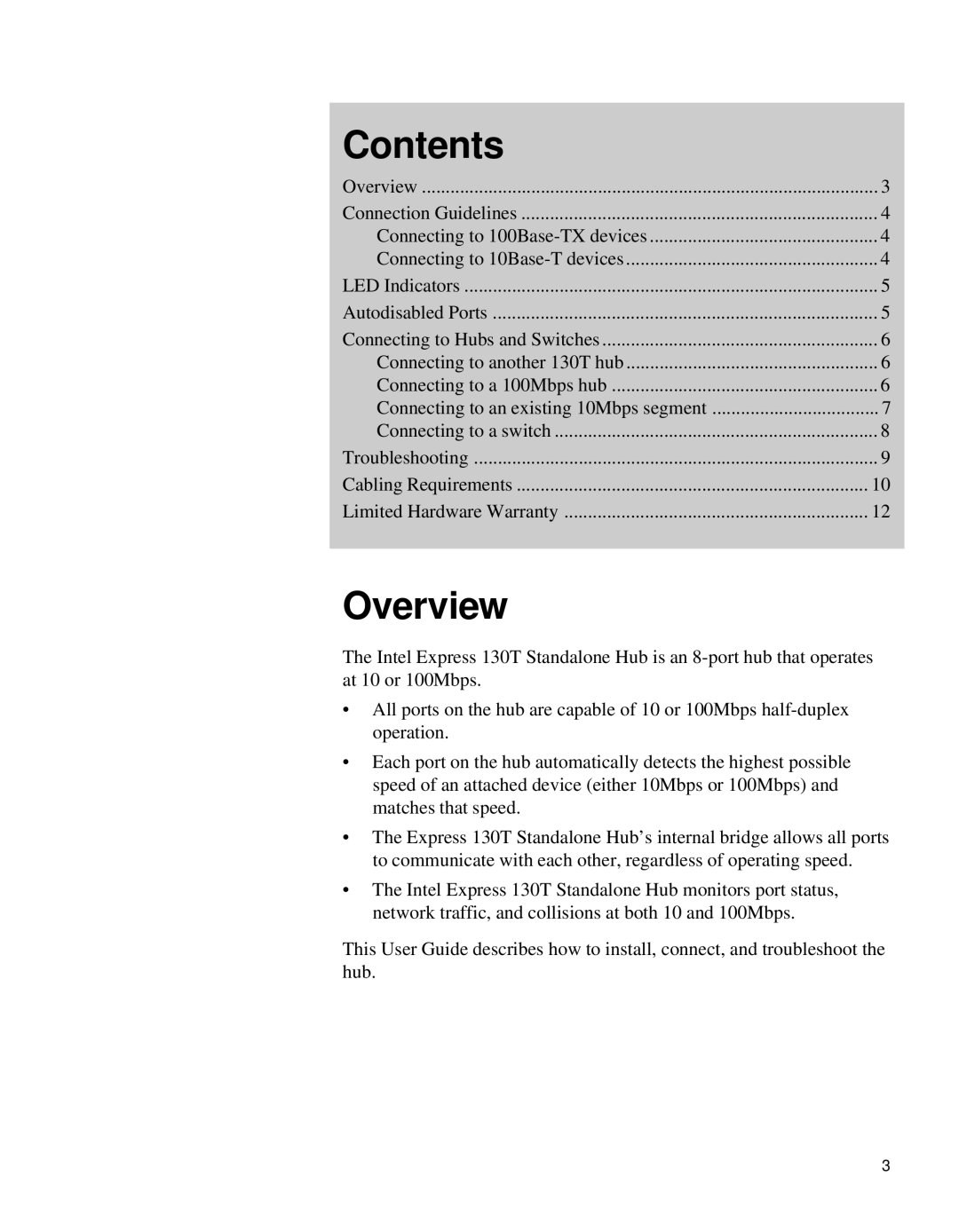 Intel 130T manual Contents, Overview 