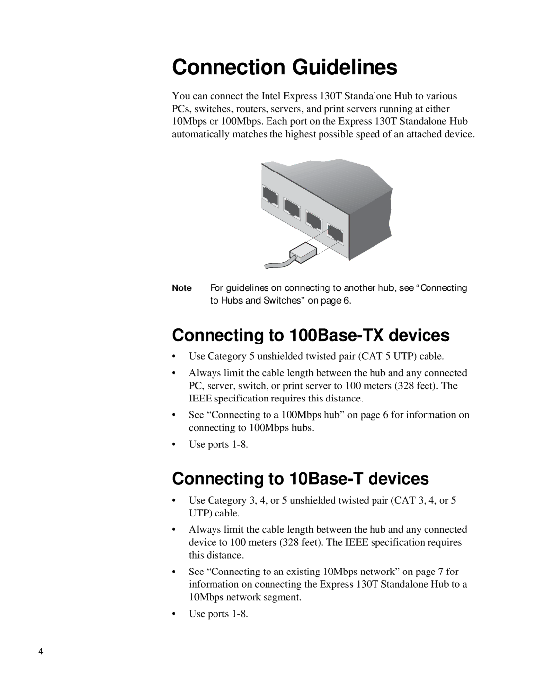 Intel 130T manual Connection Guidelines, Connecting to 100Base-TX devices, Connecting to 10Base-T devices 