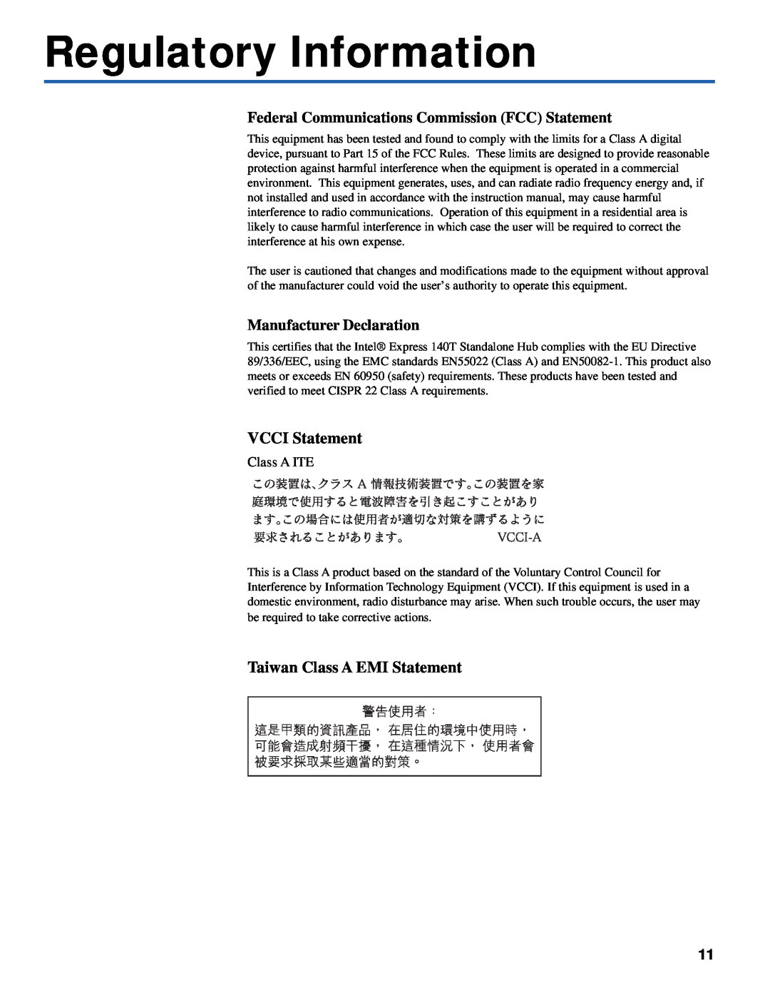 Intel 140T quick start Regulatory Information, VCCI Statement, Taiwan Class A EMI Statement, Manufacturer Declaration 