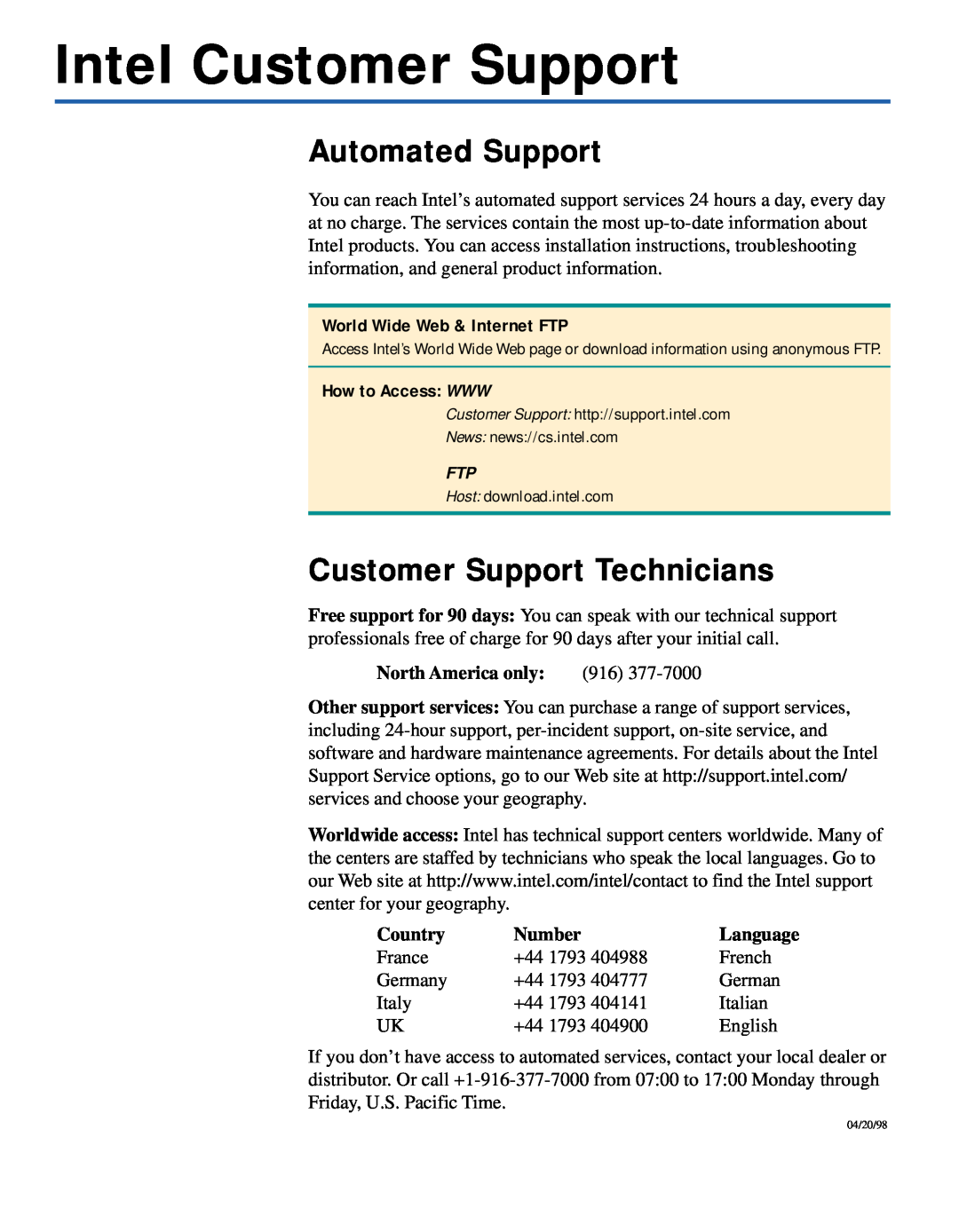 Intel 140T Intel Customer Support, Automated Support, Customer Support Technicians, World Wide Web & Internet FTP, Country 