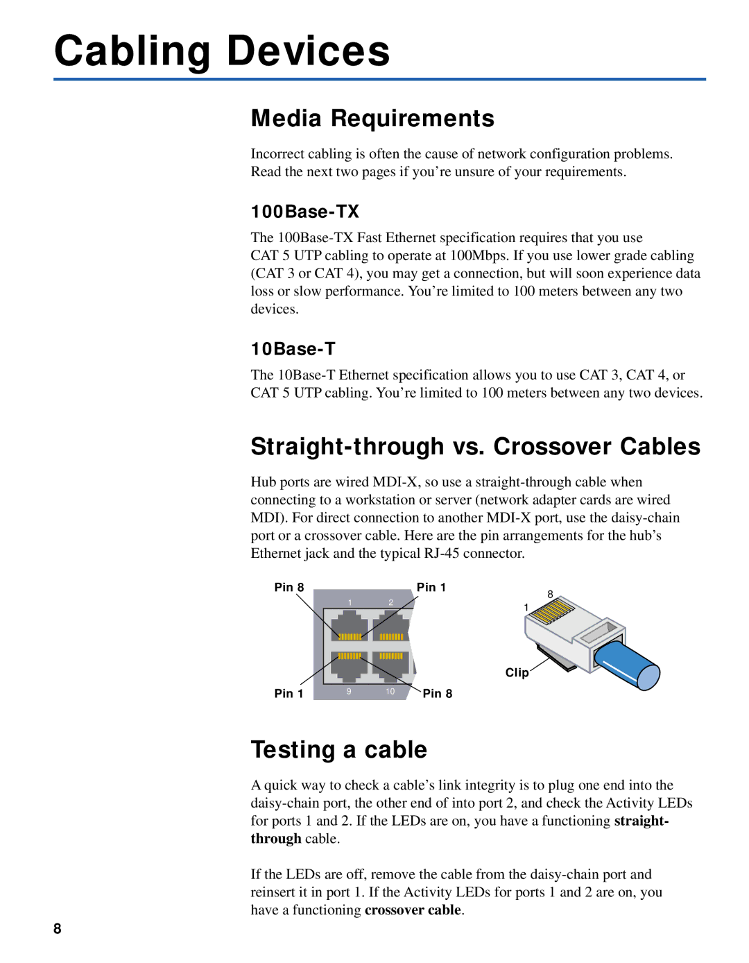 Intel 140T quick start Cabling Devices, Media Requirements, Straight-through vs. Crossover Cables, Testing a cable 