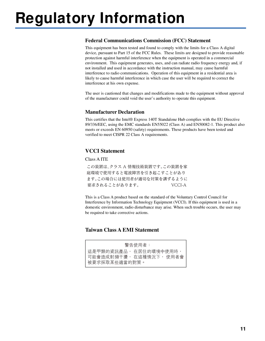 Intel 140T quick start Regulatory Information, Federal Communications Commission FCC Statement 