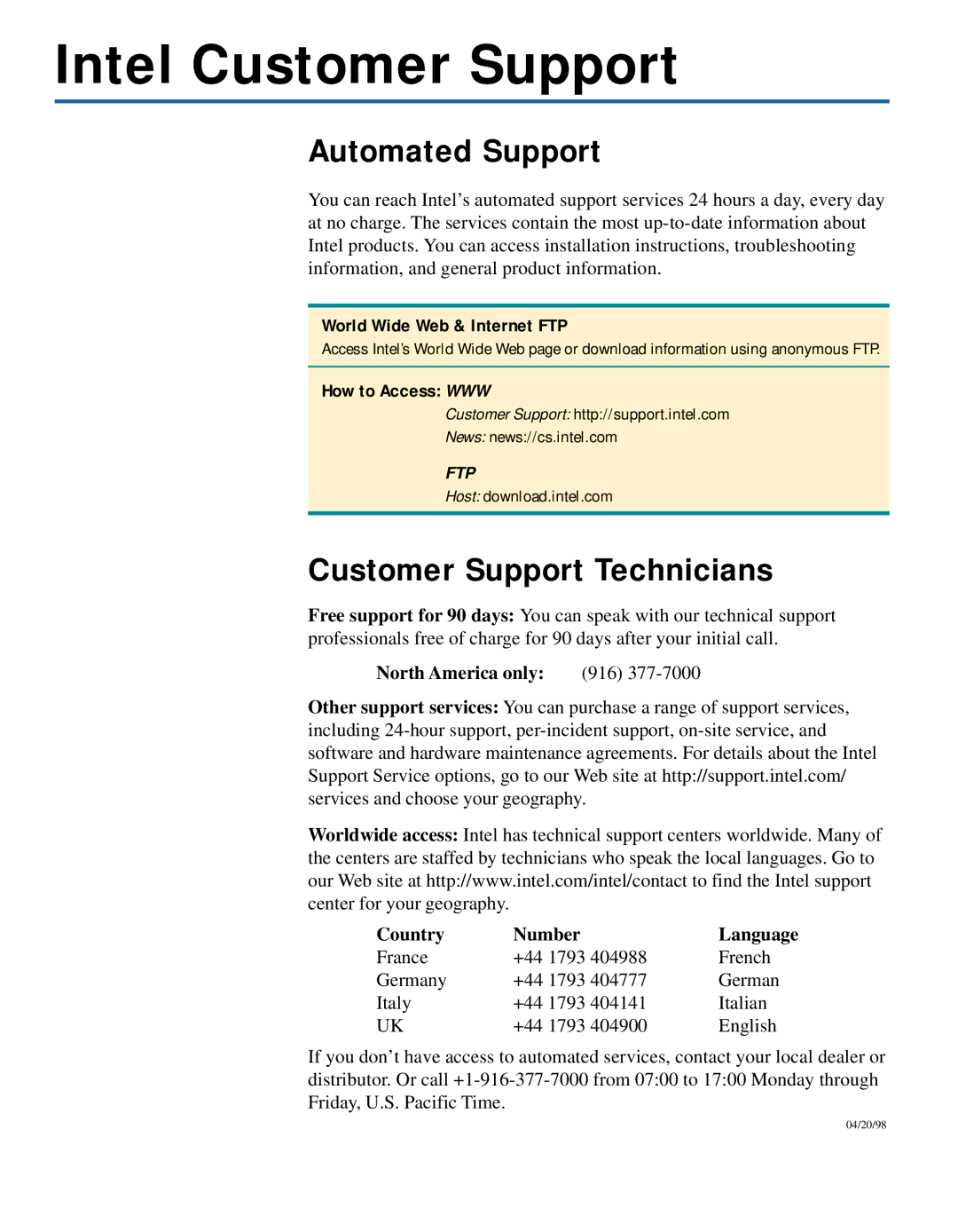 Intel 140T quick start Intel Customer Support, Automated Support, Customer Support Technicians 