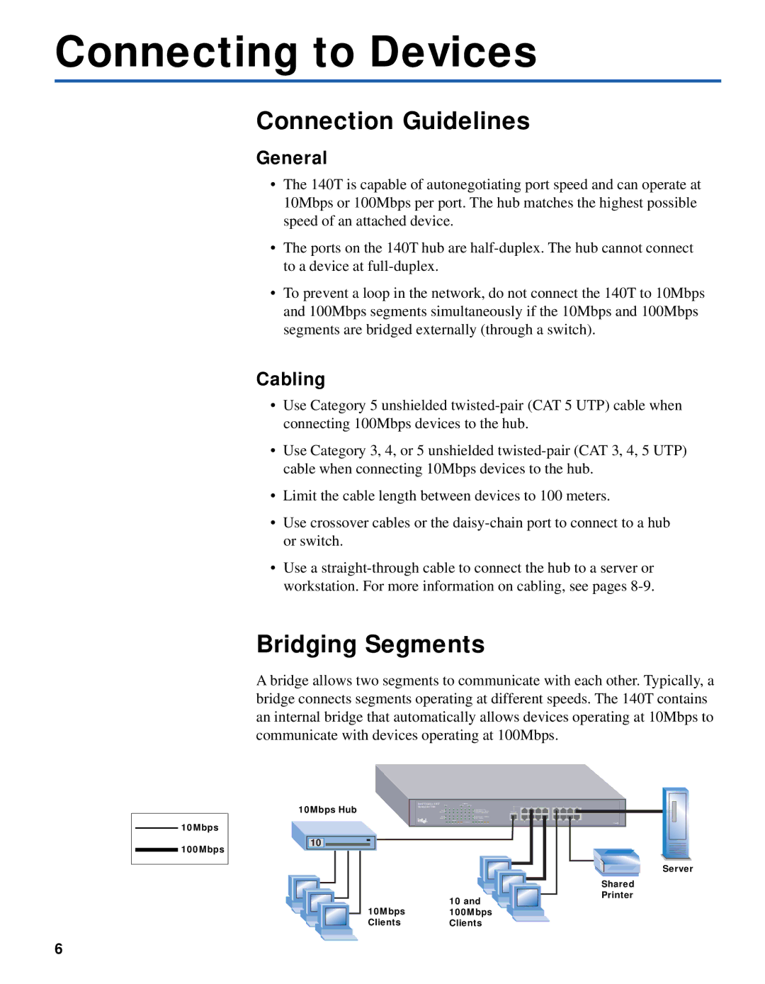 Intel 140T quick start Connecting to Devices, Connection Guidelines, Bridging Segments, General, Cabling 