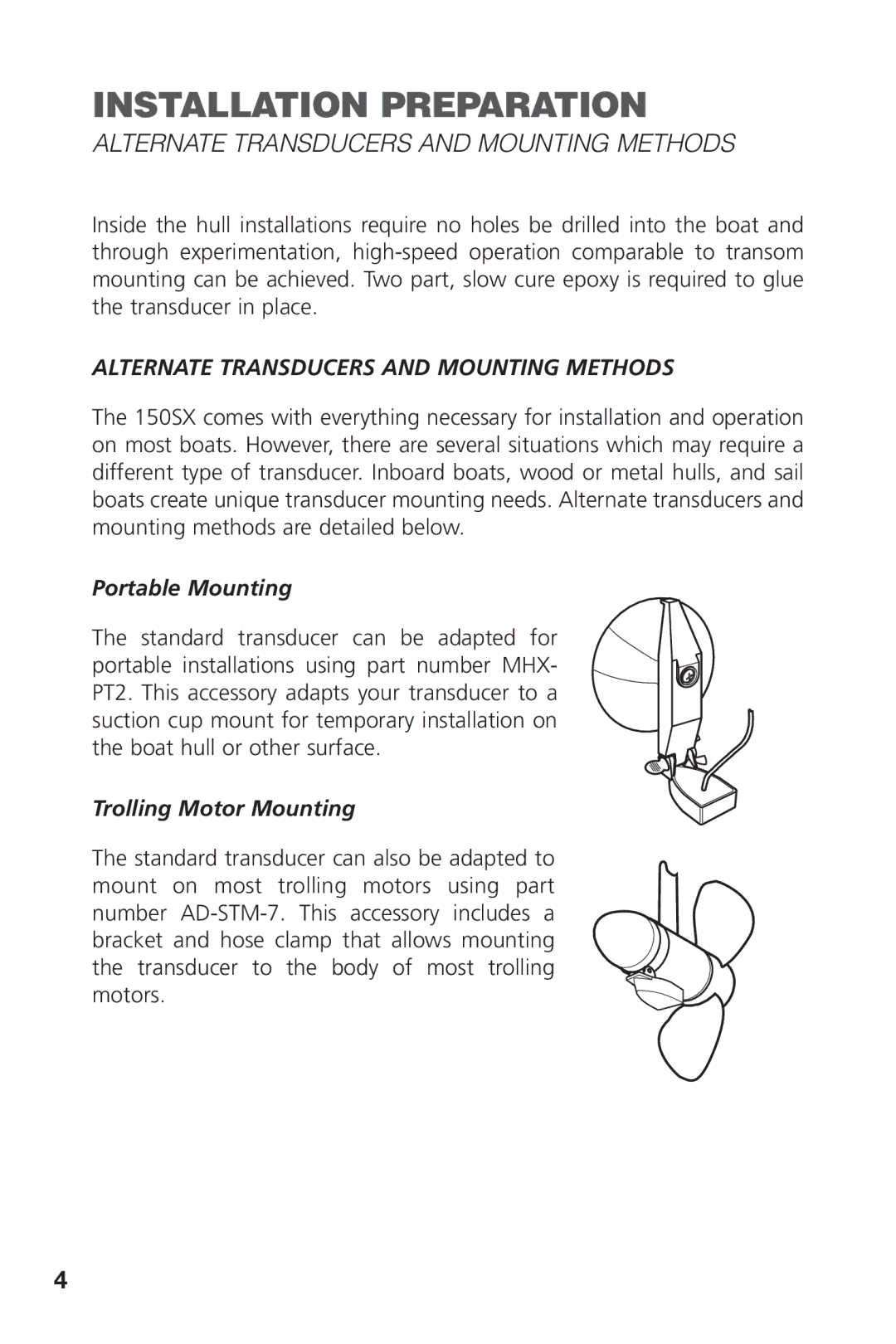 Intel 150SX manual Alternate Transducers and Mounting Methods, Portable Mounting, Trolling Motor Mounting 