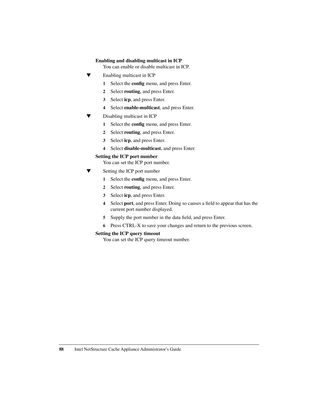 Intel 1520 manual Enabling and disabling multicast in ICP, Setting the ICP port number, Setting the ICP query timeout 