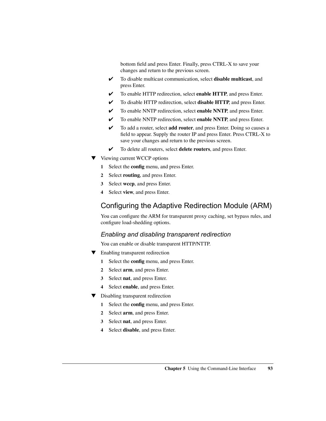 Intel 1520 manual Configuring the Adaptive Redirection Module ARM, Enabling and disabling transparent redirection 