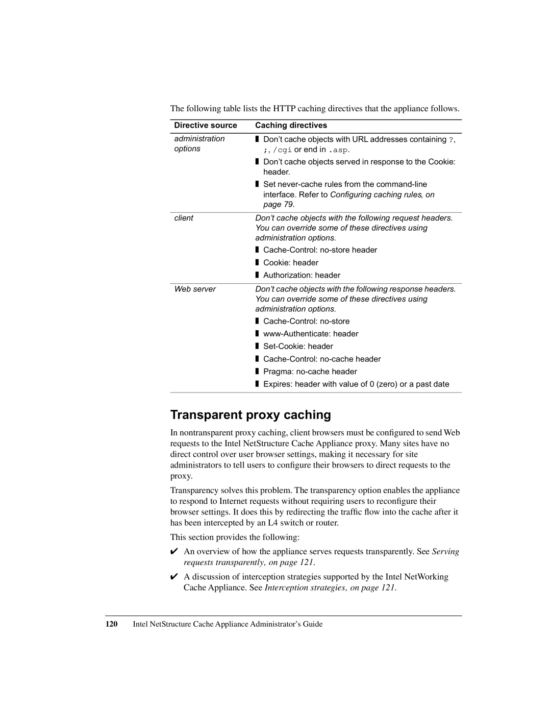 Intel 1520 manual Transparent proxy caching, Directive source Caching directives 