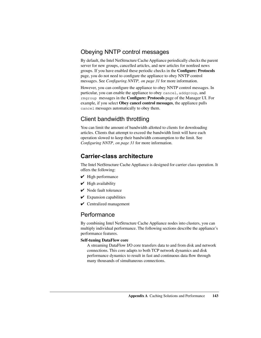 Intel 1520 manual Obeying Nntp control messages, Client bandwidth throttling, Carrier-class architecture, Performance 