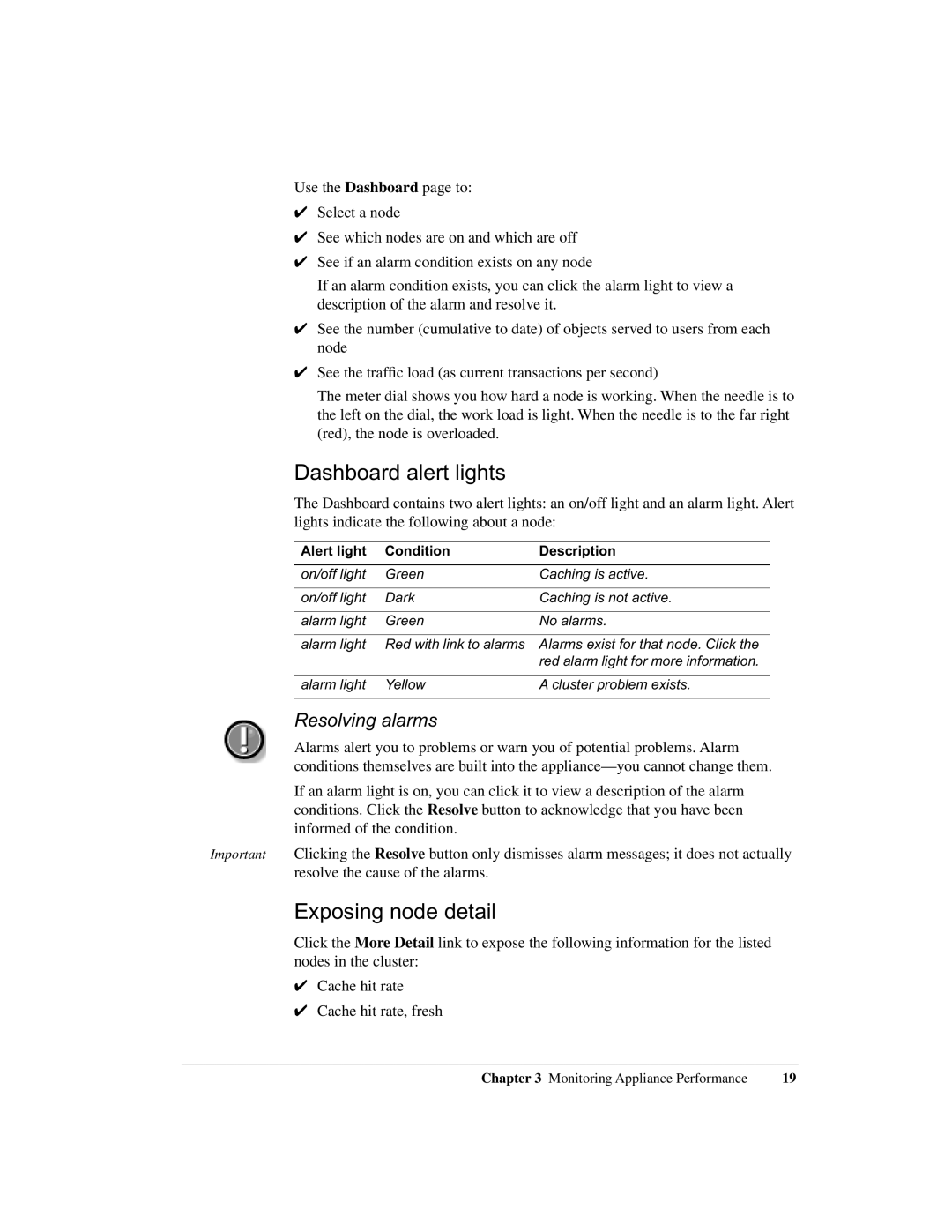 Intel 1520 manual Dashboard alert lights, Exposing node detail, Resolving alarms, Alert light Condition Description 