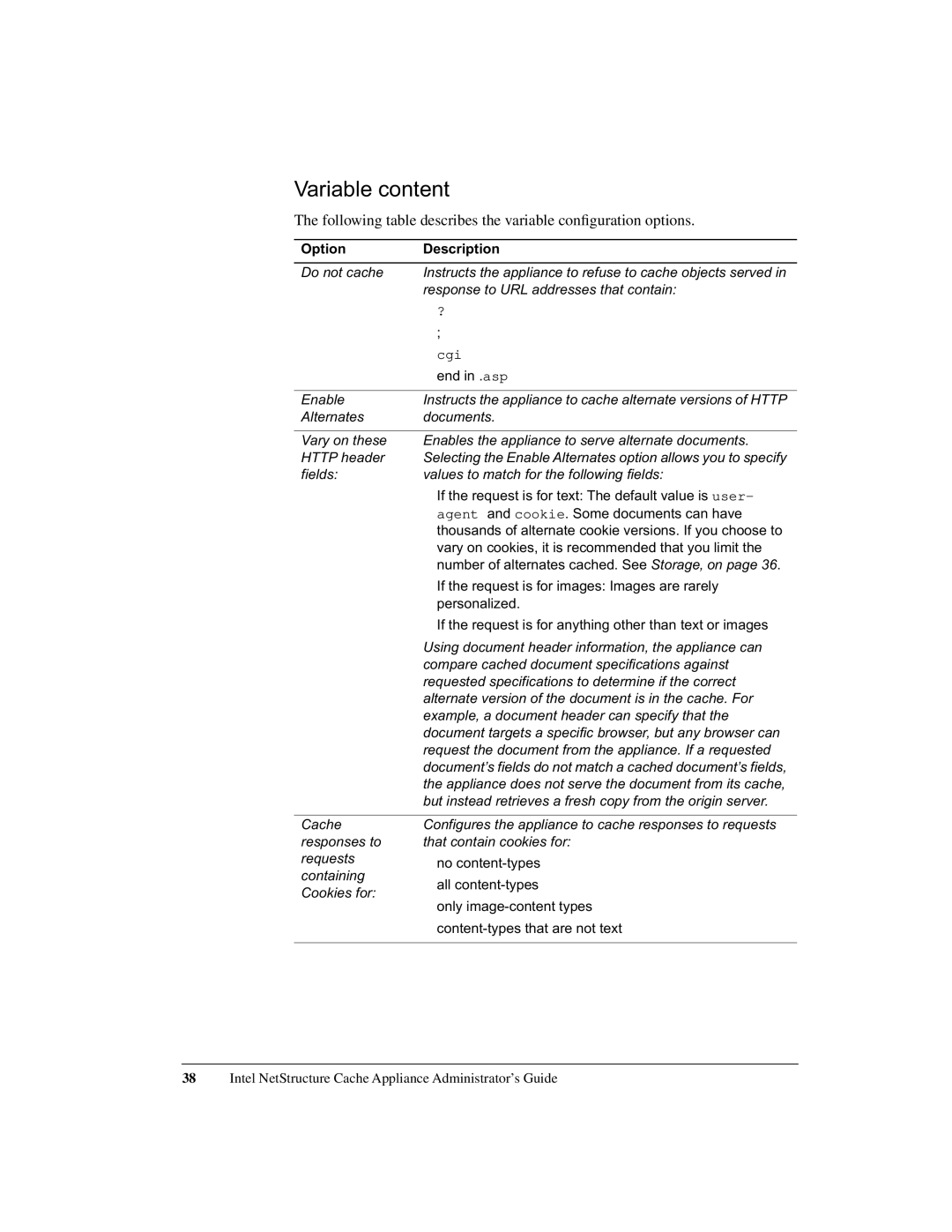 Intel 1520 manual Variable content, Following table describes the variable conﬁguration options 