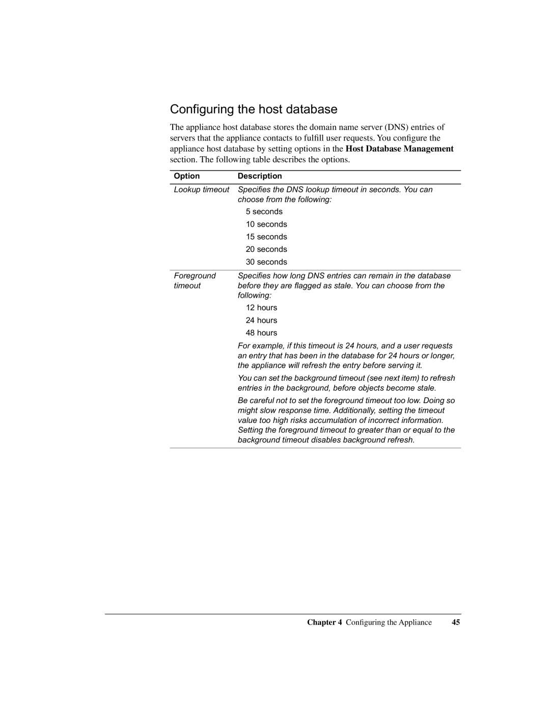 Intel 1520 manual Configuring the host database, Option Description 