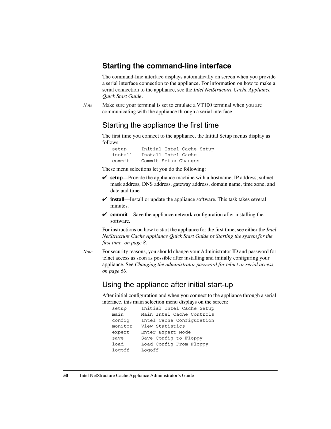 Intel 1520 manual Starting the command-line interface, Starting the appliance the first time 