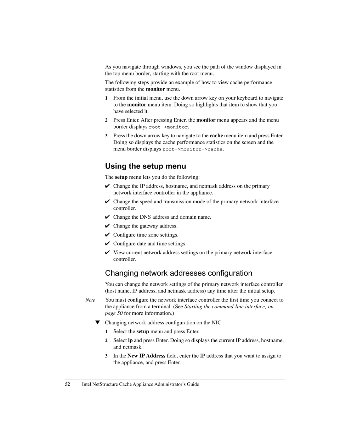 Intel 1520 manual Using the setup menu, Changing network addresses configuration 