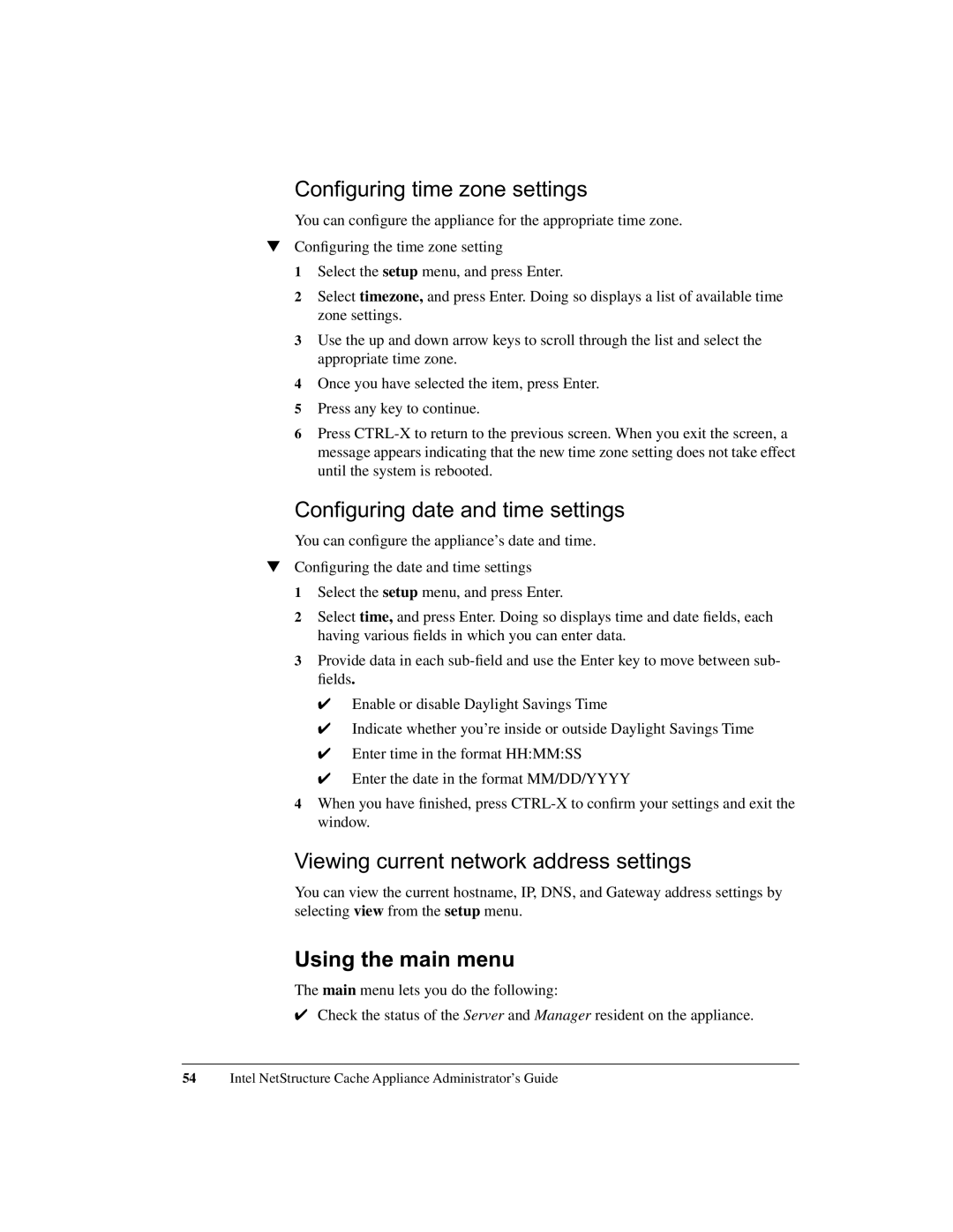 Intel 1520 Configuring time zone settings, Configuring date and time settings, Viewing current network address settings 