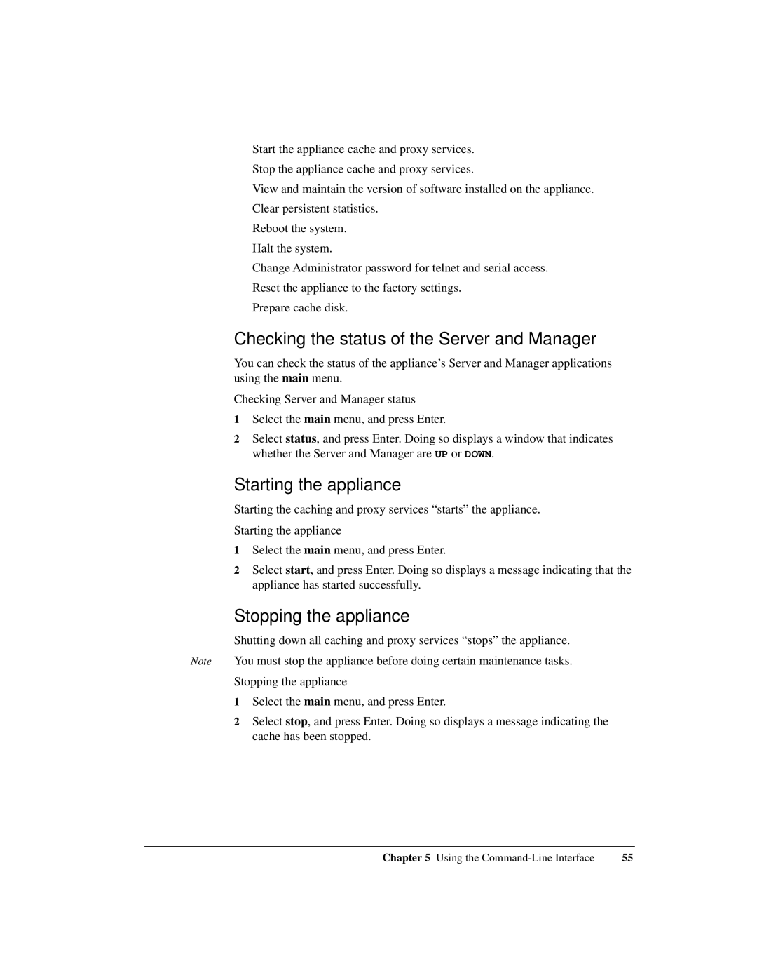 Intel 1520 manual Checking the status of the Server and Manager, Starting the appliance, Stopping the appliance 