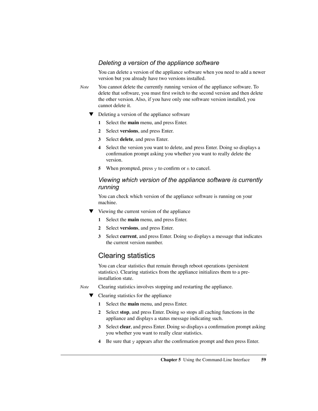 Intel 1520 manual Clearing statistics, Deleting a version of the appliance software 