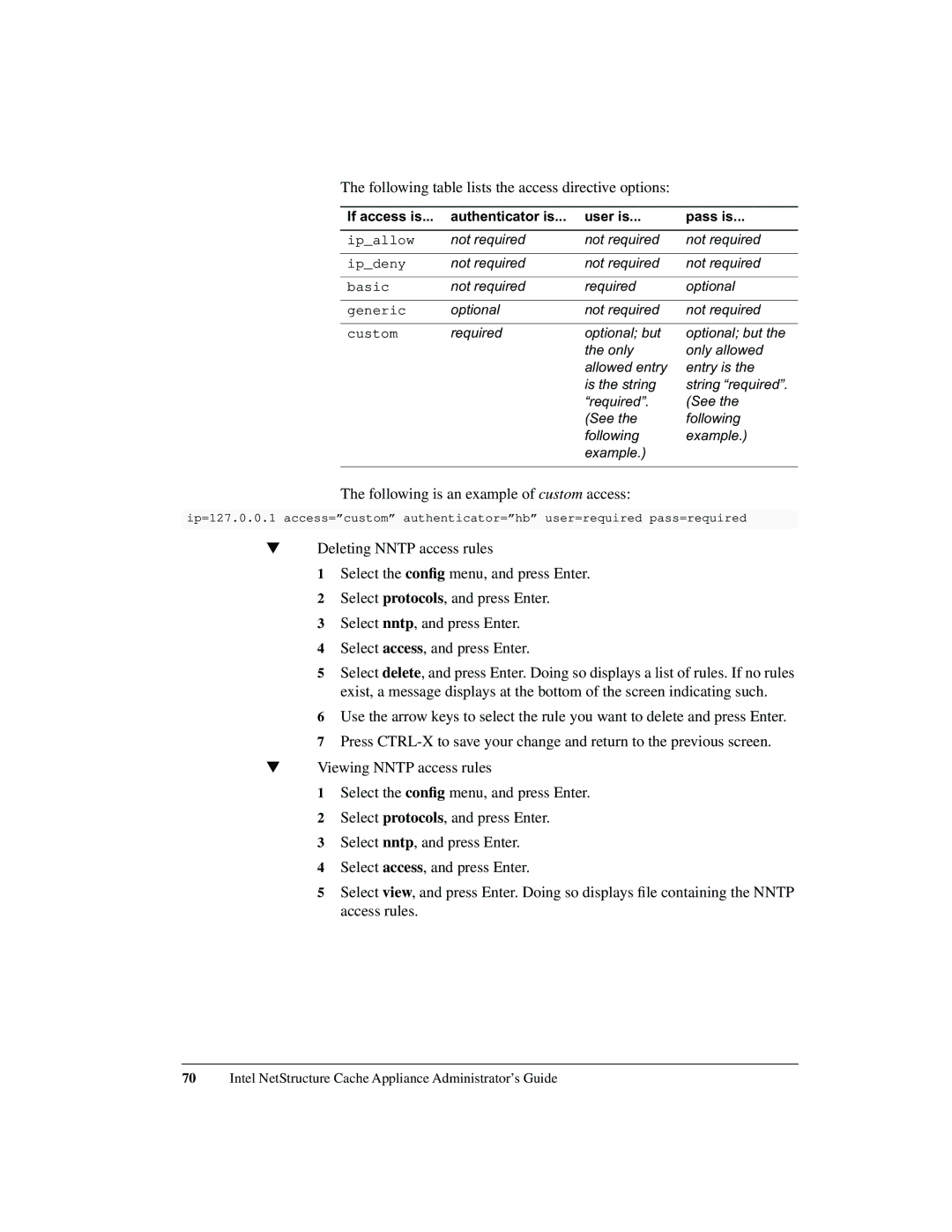 Intel 1520 manual Following table lists the access directive options, If access is Authenticator is User is Pass is 