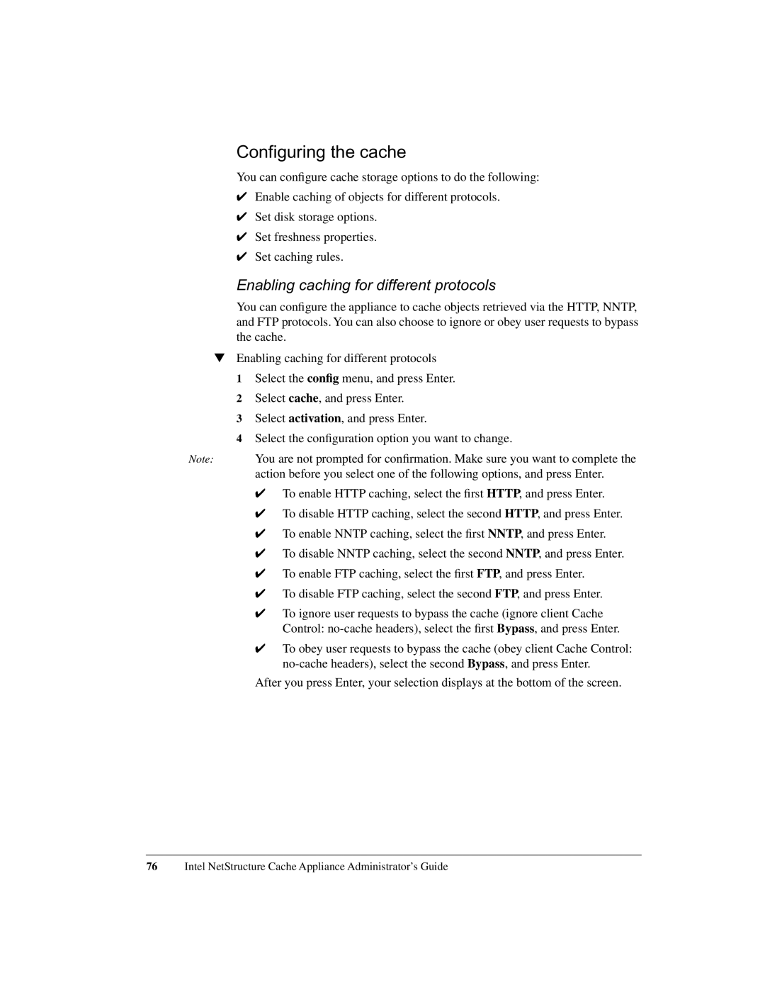 Intel 1520 manual Configuring the cache, Enabling caching for different protocols 