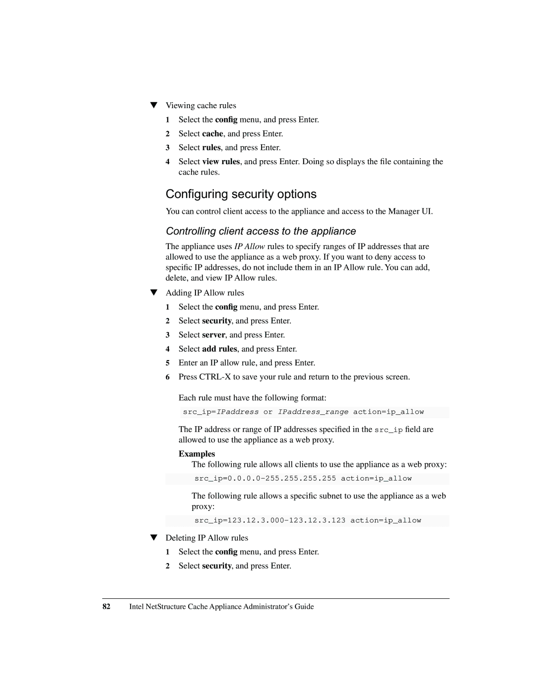 Intel 1520 manual Configuring security options, Controlling client access to the appliance 