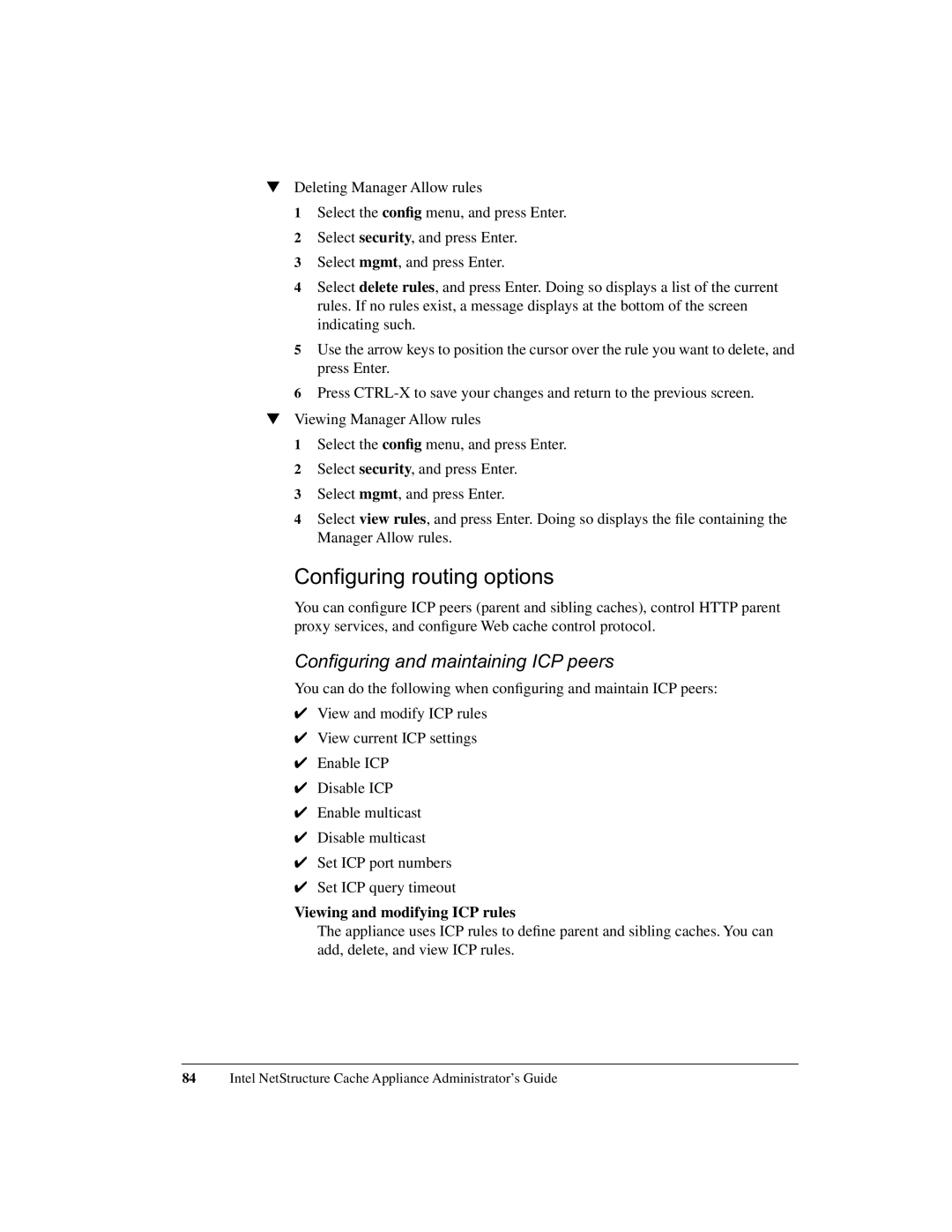 Intel 1520 manual Configuring routing options, Configuring and maintaining ICP peers, Viewing and modifying ICP rules 