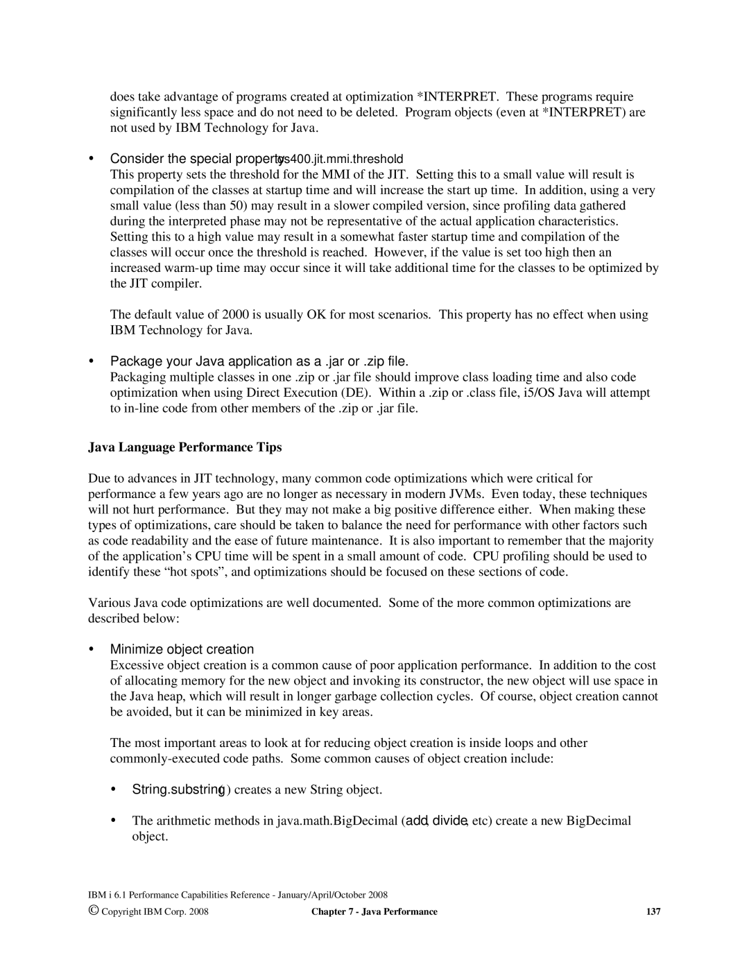 Intel 7xx Servers, 170 Servers manual Consider the special property os400.jit.mmi.threshold, Java Language Performance Tips 