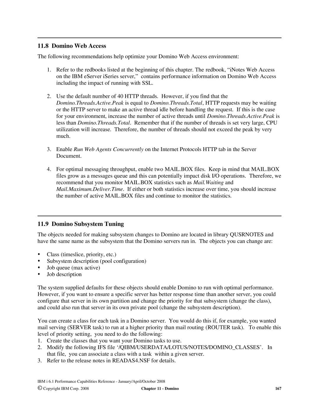 Intel 7xx Servers, 170 Servers, AS/400 RISC Server manual Domino Web Access, Domino Subsystem Tuning 