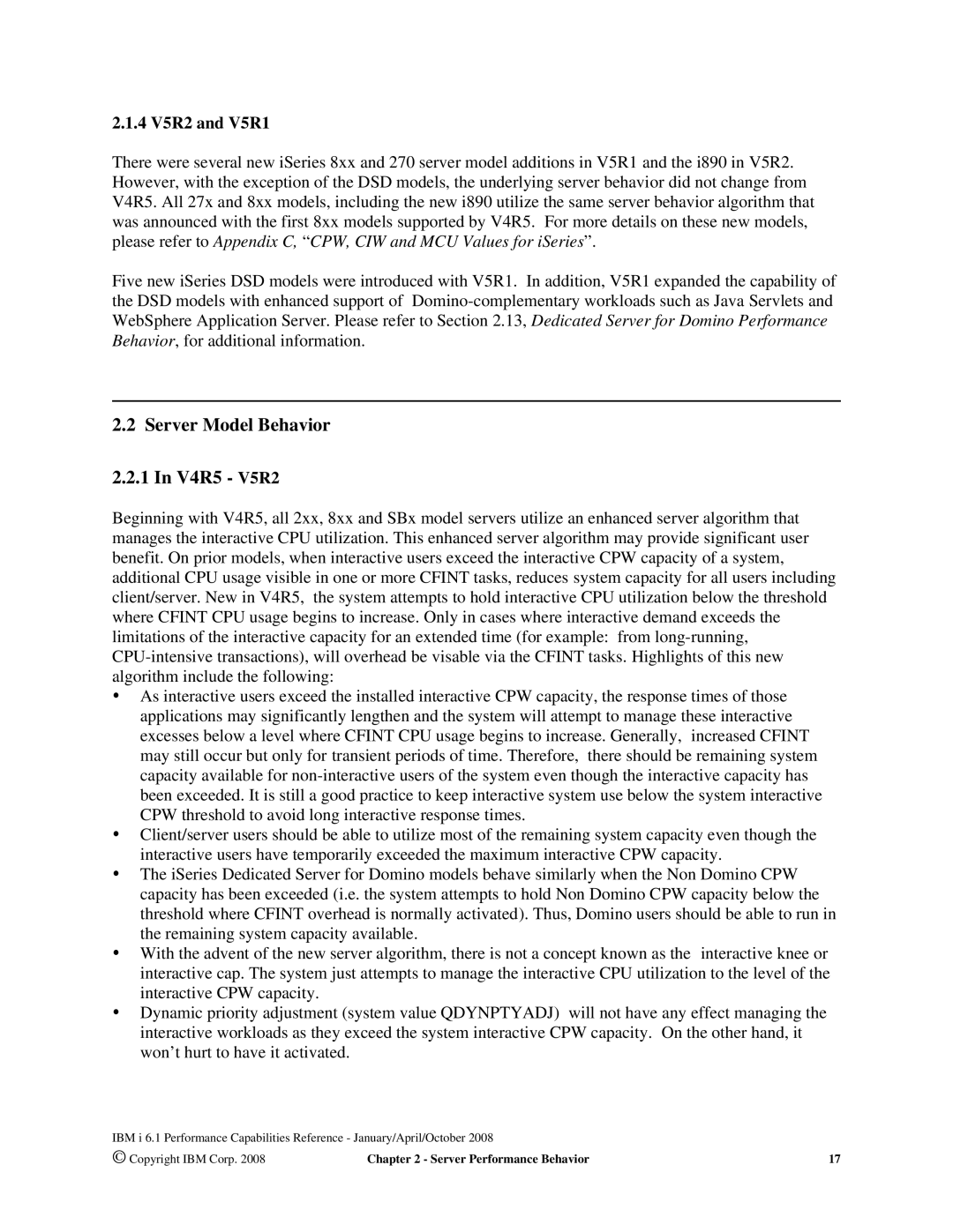 Intel 7xx Servers, 170 Servers, AS/400 RISC Server manual Server Model Behavior V4R5 V5R2, 4 V5R2 and V5R1 