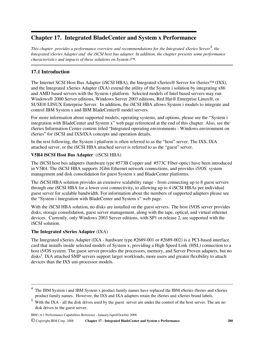 Intel AS/400 RISC Server manual Integrated BladeCenter and System x Performance, V5R4 iSCSI Host Bus Adapter iSCSI HBA 