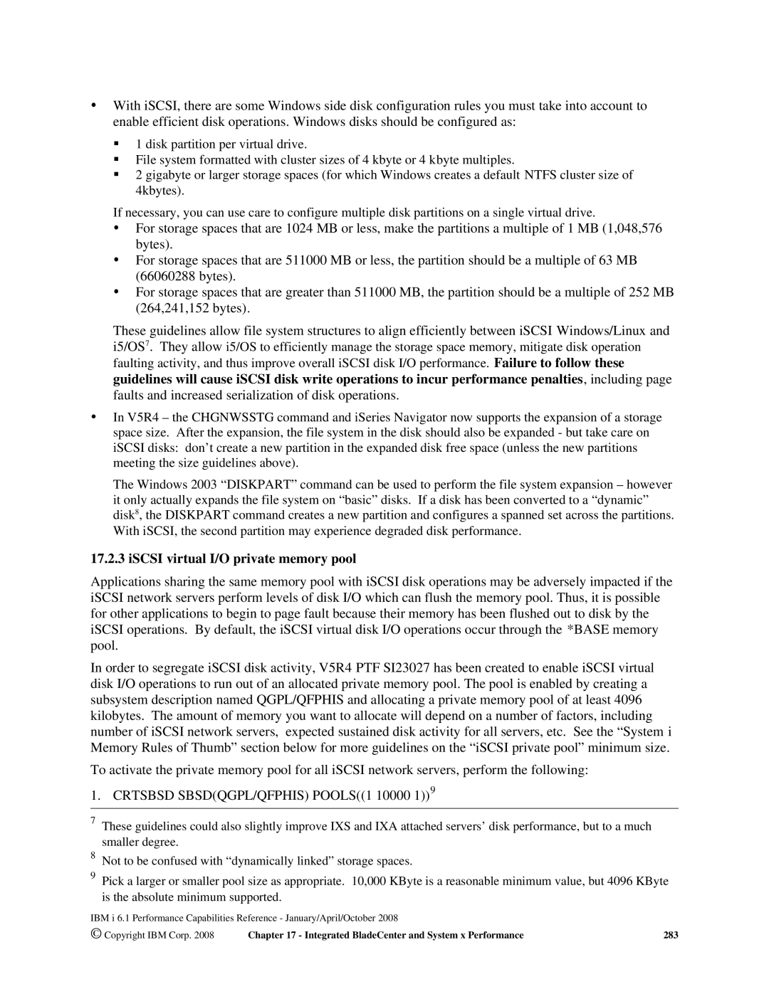 Intel AS/400 RISC Server, 170 Servers manual ISCSI virtual I/O private memory pool, Crtsbsd SBSDQGPL/QFPHIS POOLS1 10000 