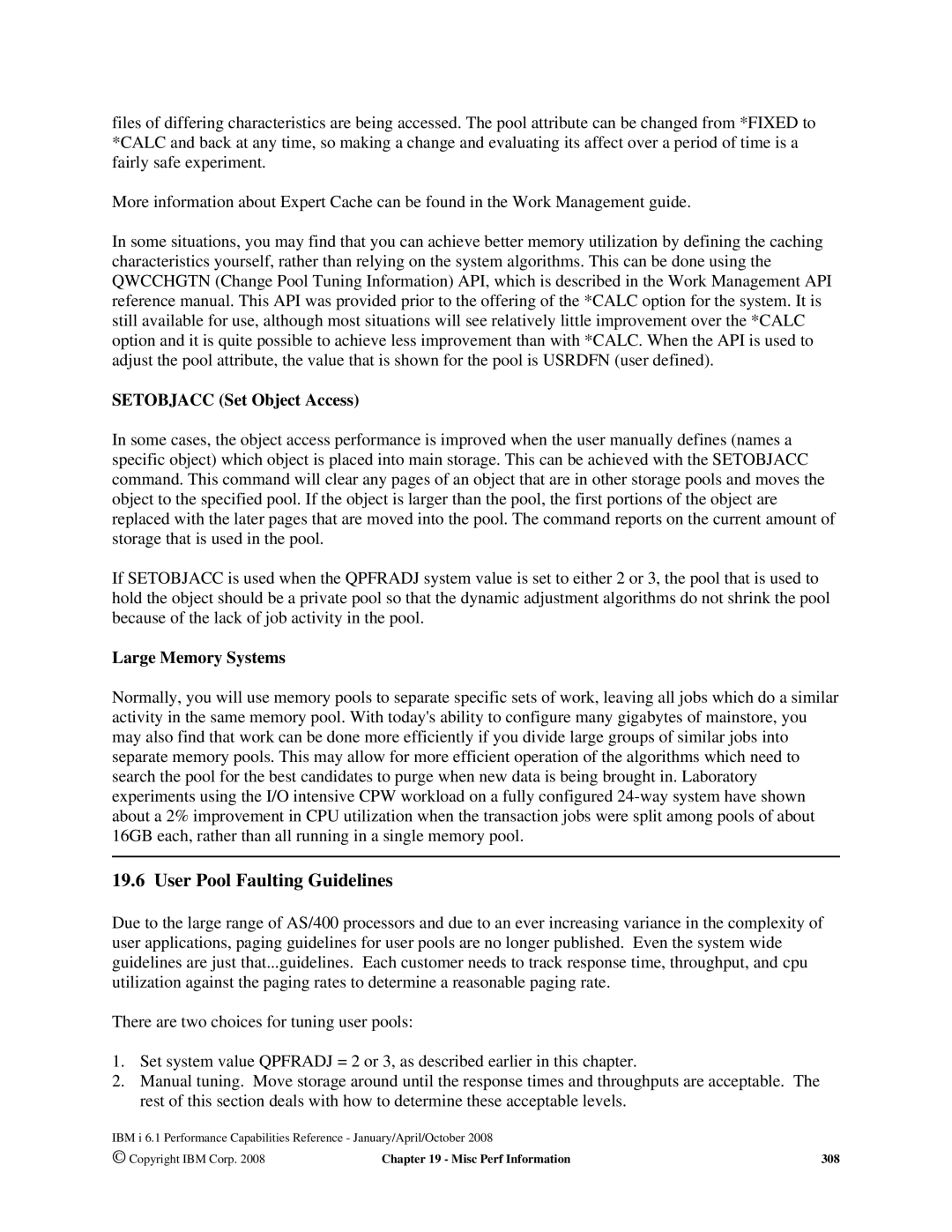 Intel 7xx Servers, 170 Servers manual User Pool Faulting Guidelines, Setobjacc Set Object Access, Large Memory Systems 