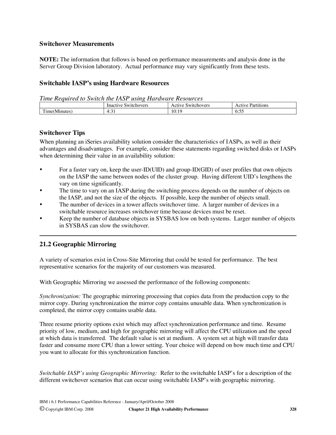 Intel AS/400 RISC Server, 170 Servers, 7xx Servers manual Switchover Tips, Geographic Mirroring 