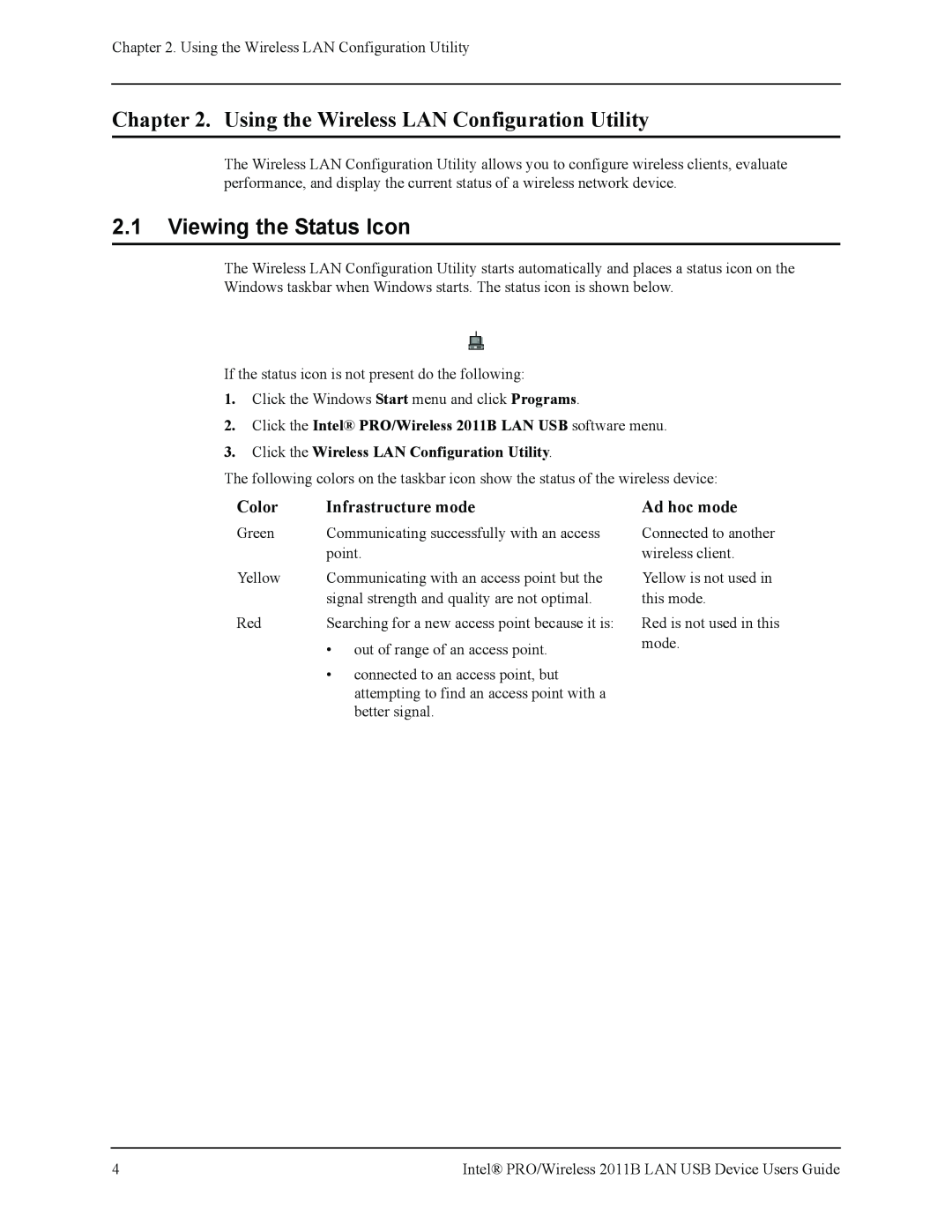 Intel 2011B manual 2.1Viewing the Status Icon, Color, Infrastructure mode, Ad hoc mode 