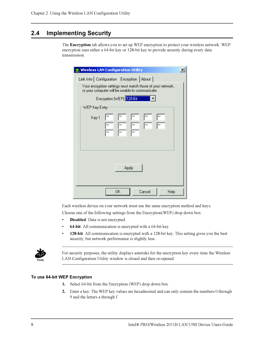 Intel 2011B manual 2.4Implementing Security, To use 64-bitWEP Encryption 