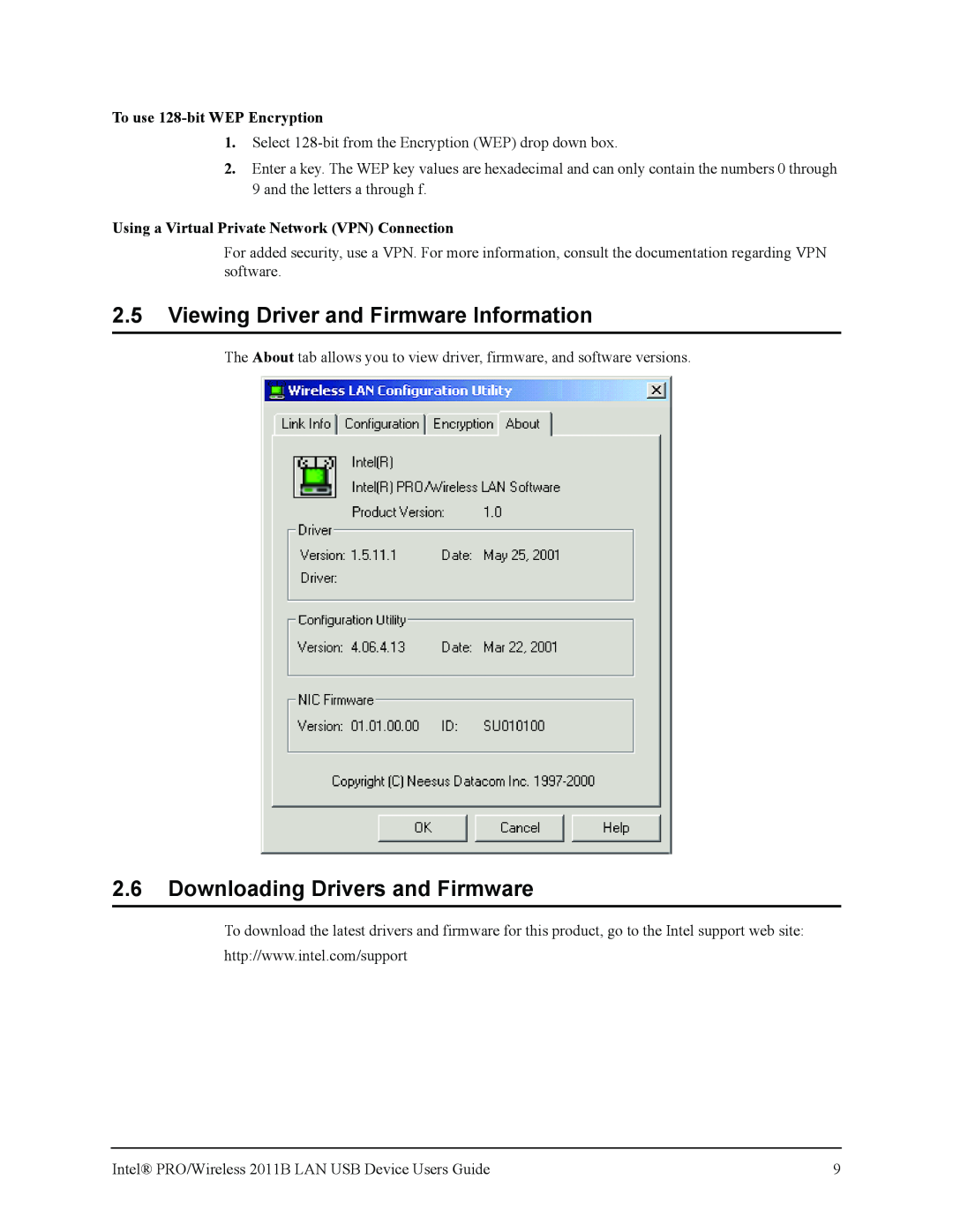 Intel 2011B 2.5Viewing Driver and Firmware Information, 2.6Downloading Drivers and Firmware, To use 128-bitWEP Encryption 