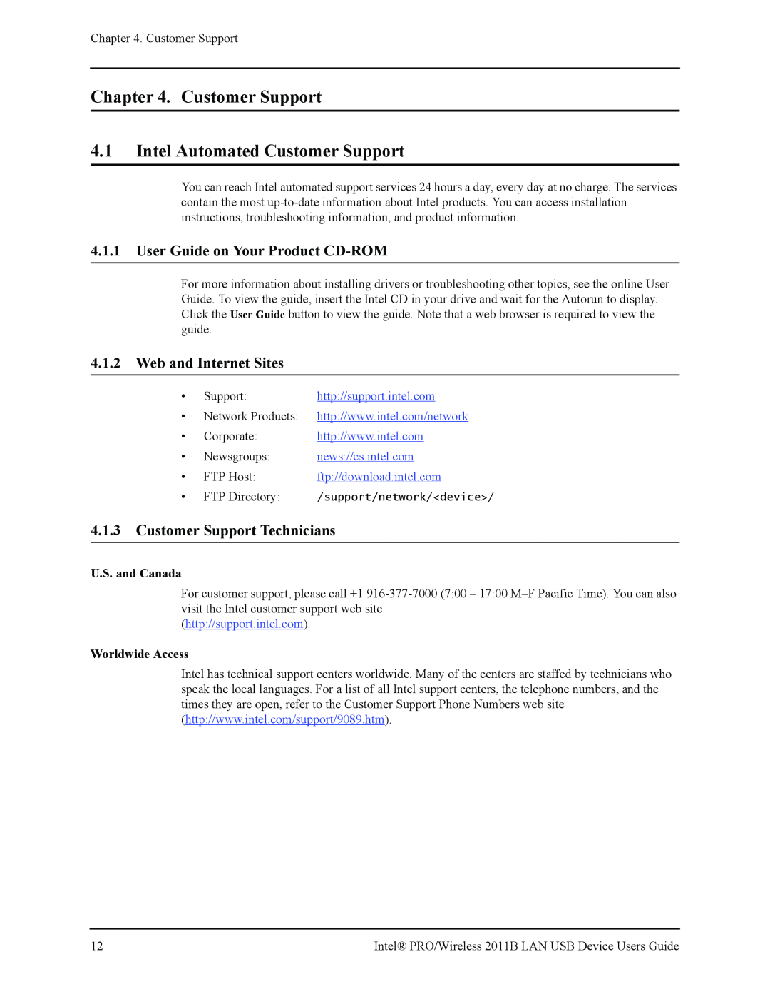 Intel 2011B 4.1Intel Automated Customer Support, 4.1.1User Guide on Your Product CD-ROM, 4.1.2Web and Internet Sites 