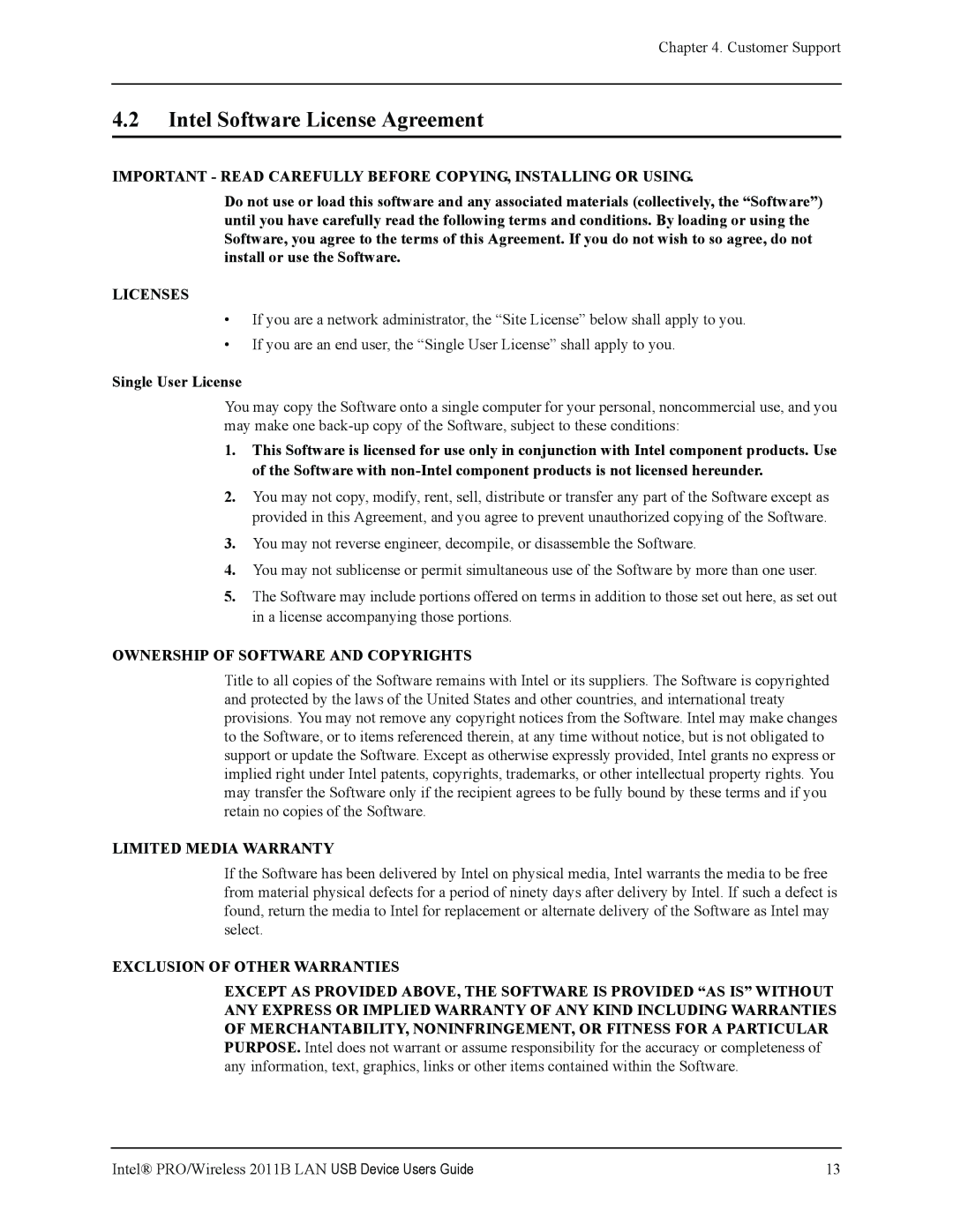 Intel 2011B manual 4.2Intel Software License Agreement, Licenses, Single User License, Ownership Of Software And Copyrights 