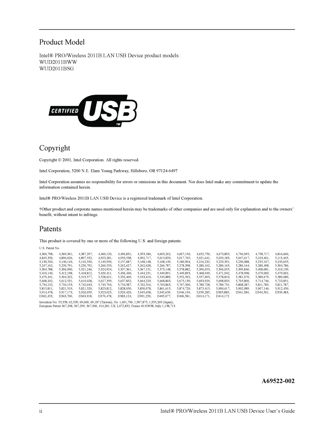 Intel 2011B manual Product Model, Copyright, Patents, A69522-002 
